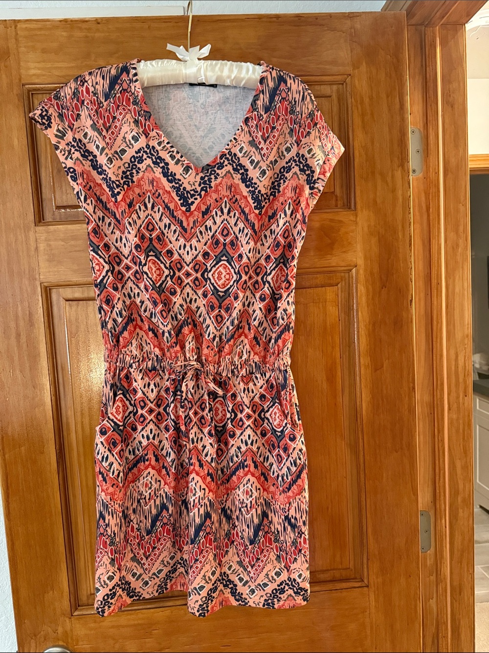 Coral And Navy V Neck T-Shirt Dress